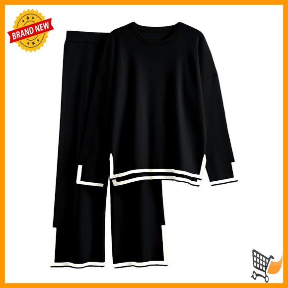 Oversized Knit Lounge Set Two Piece Pullover Top Wide Leg Pants Comfy